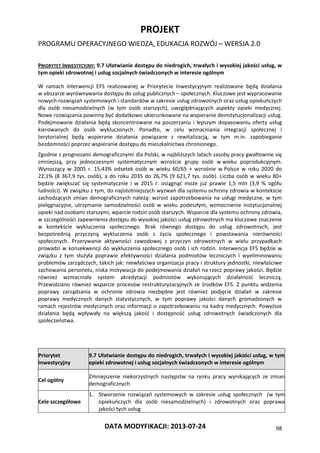 PROJEKT
PROGRAMU OPERACYJNEGO WIEDZA, EDUKACJA ROZWÓJ – WERSJA 2.0
DATA MODYFIKACJI: 2013-07-24 98
PRIORYTET INWESTYCYJNY: 9.7 Ułatwianie dostępu do niedrogich, trwałych i wysokiej jakości usług, w
tym opieki zdrowotnej i usług socjalnych świadczonych w interesie ogólnym
W ramach interwencji EFS realizowanej w Priorytecie Inwestycyjnym realizowane będą działania
w obszarze wyrównywania dostępu do usług publicznych – społecznych. Kluczowe jest wypracowanie
nowych rozwiązań systemowych i standardów w zakresie usług zdrowotnych oraz usług opiekuńczych
dla osób niesamodzielnych (w tym osób starszych), uwzględniających aspekty opieki medycznej.
Nowe rozwiązania powinny być dodatkowo ukierunkowane na wspieranie deinstytucjonalizacji usług.
Podejmowane działania będą skoncentrowane na poszerzaniu i lepszym dopasowaniu oferty usług
kierowanych do osób wykluczonych. Ponadto, w celu wzmacniania integracji społecznej i
terytorialnej będą wspierane działania powiązane z rewitalizacją, w tym m.in. zapobieganie
bezdomności poprzez wspieranie dostępu do mieszkalnictwa chronionego.
Zgodnie z prognozami demograficznymi dla Polski, w najbliższych latach zasoby pracy gwałtownie się
zmniejszą, przy jednoczesnym systematycznym wzroście grupy osób w wieku poprodukcyjnym.
Wynoszący w 2005 r. 15,43% odsetek osób w wieku 60/65 + wzrośnie w Polsce w roku 2020 do
22,1% (8 367,9 tys. osób), a do roku 2035 do 26,7% (9 621,7 tys. osób). Liczba osób w wieku 80+
będzie zwiększać się systematycznie i w 2015 r. osiągnąć może już prawie 1,5 mln (3,9 % ogółu
ludności). W związku z tym, do najistotniejszych wyzwań dla systemu ochrony zdrowia w kontekście
zachodzących zmian demograficznych należą: wzrost zapotrzebowania na usługi medyczne, w tym
pielęgnacyjne, utrzymanie samodzielności osób w wieku podeszłym, wzmocnienie instytucjonalnej
opieki nad osobami starszymi, wparcie rodzin osób starszych. Wsparcie dla systemu ochrony zdrowia,
w szczególności zapewnienia dostępu do wysokiej jakości usług zdrowotnych ma kluczowe znaczenie
w kontekście wykluczenia społecznego. Brak równego dostępu do usług zdrowotnych, jest
bezpośrednią przyczyną wykluczenia osób z życia społecznego i powstawania nierówności
społecznych. Przerywanie aktywności zawodowej z przyczyn zdrowotnych w wielu przypadkach
prowadzi w konsekwencji do wykluczenia społecznego osób i ich rodzin. Interwencja EFS będzie w
związku z tym służyła poprawie efektywności działania podmiotów leczniczych i wyeliminowaniu
problemów zarządczych, takich jak: niewłaściwa organizacja pracy i struktury jednostki, niewłaściwe
zachowania personelu, niska motywacja do podejmowania działań na rzecz poprawy jakości. Będzie
również wzmacniała system akredytacji podmiotów wykonujących działalność leczniczą.
Przewidziano również wsparcie procesów restrukturyzacyjnych ze środków EFS. Z punktu widzenia
poprawy zarządzania w ochronie zdrowia niezbędne jest również podjęcie działań w zakresie
poprawy medycznych danych statystycznych, w tym poprawy jakości danych gromadzonych w
ramach rejestrów medycznych oraz informacji o zapotrzebowaniu na kadry medycznych. Powyższe
działania będą wpływały na większą jakość i dostępność usług zdrowotnych świadczonych dla
społeczeństwa.
Priorytet
Inwestycyjny
9.7 Ułatwianie dostępu do niedrogich, trwałych i wysokiej jakości usług, w tym
opieki zdrowotnej i usług socjalnych świadczonych w interesie ogólnym
Cel ogólny
Zmniejszenie niekorzystnych następstw na rynku pracy wynikających ze zmian
demograficznych
Cele szczegółowe
1. Stworzenie rozwiązań systemowych w zakresie usług społecznych (w tym
opiekuńczych dla osób niesamodzielnych) i zdrowotnych oraz poprawa
jakości tych usług
 