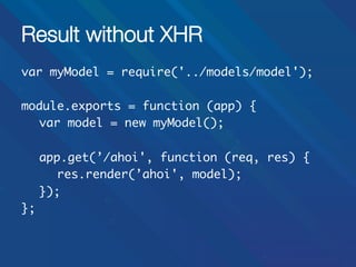Result without XHR
var myModel = require('../models/model');	
	
module.exports = function (app) {	
	var model = new myModel();	
	
	app.get(’/ahoi', function (req, res) {
	 	res.render(’ahoi', model);	
	});	
};	

 