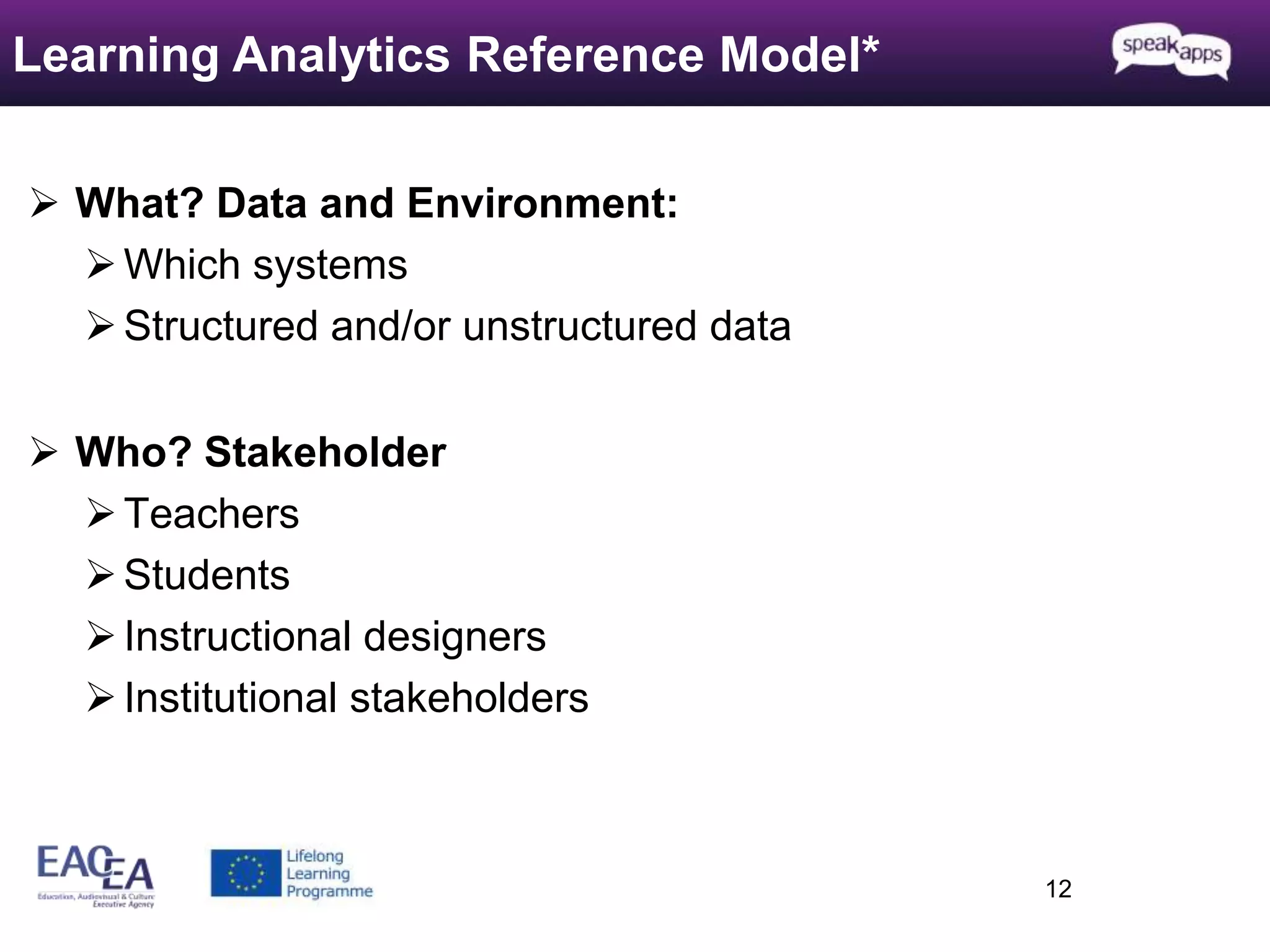  What? Data and Environment: 
 Which systems 
 Structured and/or unstructured data 
 Who? Stakeholder 
Teachers 
 Students 
 Instructional designers 
 Institutional stakeholders 
12 
Learning Analytics Reference Model* 
 