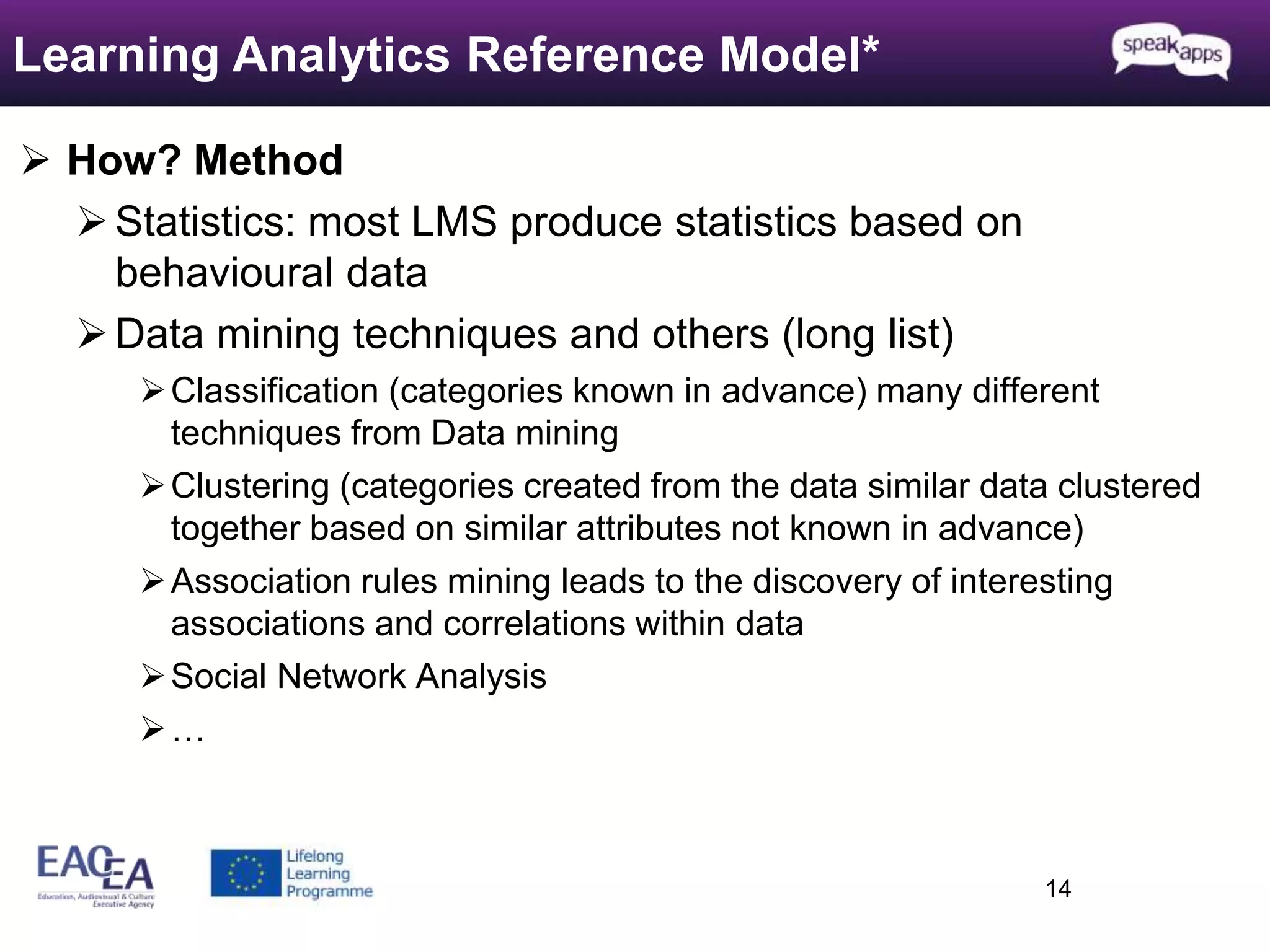  How? Method 
 Statistics: most LMS produce statistics based on 
behavioural data 
Data mining techniques and others (long list) 
Classification (categories known in advance) many different 
techniques from Data mining 
Clustering (categories created from the data similar data clustered 
together based on similar attributes not known in advance) 
Association rules mining leads to the discovery of interesting 
associations and correlations within data 
Social Network Analysis 
… 
14 
Learning Analytics Reference Model* 
 