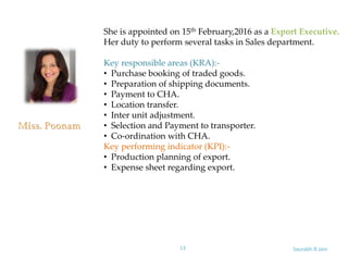 Saurabh.R.Jain13
She is appointed on 15th February,2016 as a Export Executive.
Her duty to perform several tasks in Sales department.
Key responsible areas (KRA):-
• Purchase booking of traded goods.
• Preparation of shipping documents.
• Payment to CHA.
• Location transfer.
• Inter unit adjustment.
• Selection and Payment to transporter.
• Co-ordination with CHA.
Key performing indicator (KPI):-
• Production planning of export.
• Expense sheet regarding export.
 
