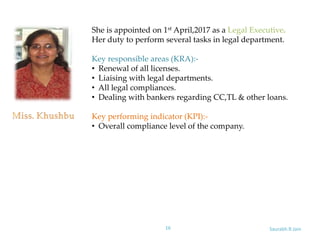 Saurabh.R.Jain16
She is appointed on 1st April,2017 as a Legal Executive.
Her duty to perform several tasks in legal department.
Key responsible areas (KRA):-
• Renewal of all licenses.
• Liaising with legal departments.
• All legal compliances.
• Dealing with bankers regarding CC,TL & other loans.
Key performing indicator (KPI):-
• Overall compliance level of the company.
 