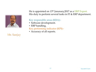 Saurabh.R.Jain17
He is appointed on 13th Janunary,2017 as a ERP Expert.
His duty to perform several tasks in IT & ERP department.
Key responsible areas (KRA):-
• Software development.
• ERP handling.
Key performing indicator (KPI):-
• Accuracy of all reports.
 