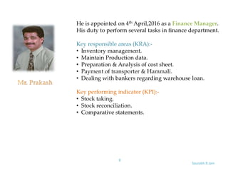 Saurabh.R.Jain
8
He is appointed on 4th April,2016 as a Finance Manager.
His duty to perform several tasks in finance department.
Key responsible areas (KRA):-
• Inventory management.
• Maintain Production data.
• Preparation & Analysis of cost sheet.
• Payment of transporter & Hammali.
• Dealing with bankers regarding warehouse loan.
Key performing indicator (KPI):-
• Stock taking.
• Stock reconciliation.
• Comparative statements.
 