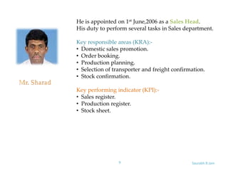 Saurabh.R.Jain9
He is appointed on 1st June,2006 as a Sales Head.
His duty to perform several tasks in Sales department.
Key responsible areas (KRA):-
• Domestic sales promotion.
• Order booking.
• Production planning.
• Selection of transporter and freight confirmation.
• Stock confirmation.
Key performing indicator (KPI):-
• Sales register.
• Production register.
• Stock sheet.
 