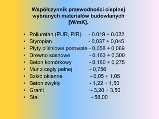 Współczynnik przewodności cieplnej
    wybranych materiałów budowlanych
                 [W/mK].

•   Poliuretan (PUR, PIR) - 0.019 ÷ 0.022
•   Styropian                - 0,037 ÷ 0,045
•   Płyty pilśniowe porowate - 0,058 ÷ 0,069
•   Drewno sosnowe           - 0,163 ÷ 0,300
•   Beton komórkowy          - 0,160 ÷ 0,275
•   Mur z cegły pełnej        - 0,756
•   Szkło okienne             - 0,05 ÷ 1,05
•   Beton zwykły              - 1,22 ÷ 1,50
•   Granit                     - 3,20 ÷ 3,50
•   Stal                       - 58,00
 