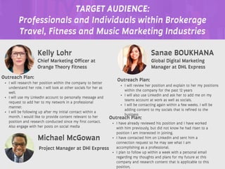 REFERENCES
Kelly Lohr
Outreach Plan:
• I will research her position within the company to better
understand her role. I will look at other socials for her as
well.
• I will use my LinkedIn account to personally message and
request to add her to my network in a professional
manner.
• I will be following up after my initial contact within a
month. I would like to provide content relevant to her
position and research conducted since my first contact.
Also engage with her posts on social media
Chief Marketing O
ff
icer at
Orange Theory Fitness
Sanae BOUKHANA
Outreach Plan:
• I will review her position and explain to her my positions
within the company for the past 12 years
• I will also use LinkedIn and ask her to add me on my
teams account at work as well as socials.
• I will be contacting again within a few weeks. I will be
adding content to my socials that is refined to the
business
Global Digital Marketing
Manager at DHL Express
Michael McGowan
Outreach Plan:
• I have already reviewed his position and I have worked
with him previously, but did not know he had risen to a
position I am interested in joining.
• I have contacted him on LinkedIn and sent him a
connection request so he may see what I am
accomplishing as a professional.
• I plan to follow up within a week with a personal email
regarding my thoughts and plans for my future at this
company and research content that is applicable to this
position,
Project Manager at DHl Express
TARGET AUDIENCE:
Professionals and Individuals within Brokerage
Travel, Fitness and Music Marketing Industries
 