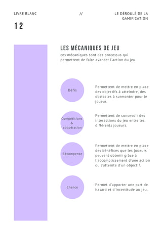 LE DÉROULÉ DE LA
GAMIFICATION
LIVRE BLANC //
LES MÉCANIQUES DE JEU
ces mécaniques sont des processus qui
permettent de faire avancer l'action du jeu.
1 2
Défis
Permettent de mettre en place
des objectifs à atteindre, des
obstacles à surmonter pour le
joueur.
Permettent de concevoir des
interactions du jeu entre les
différents joueurs.
Compétitions
&
coopération
Permettent de mettre en place
des bénéfices que les joueurs
peuvent obtenir grâce à
l'accomplissement d'une action
ou l'atteinte d'un objectif.
Récompense
Permet d'apporter une part de
hasard et d'incertitude au jeu.
Chance
 