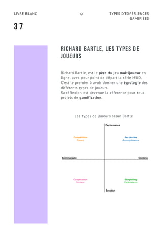 TYPES D’EXPÉRIENCES
GAMIFIÉES
LIVRE BLANC //
RICHARD BARTLE, LES TYPES DE
JOUEURS
3 7
Richard Bartle, est le père du jeu multijoueur en
ligne, avec pour point de départ la série MUD.
C'est le premier à avoir donner une typologie des
différents types de joueurs.
Sa réflexion est devenue la référence pour tous
projets de gamification.
Les types de joueurs selon Bartle
 