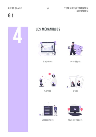 TYPES D’EXPÉRIENCES
GAMIFIÉES
LIVRE BLANC //
6 1
LES MÉCANIQUES
4
Enchères Privilèges
Combo Duel
Classement Jeux concours
 