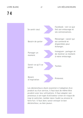 LES DÉCLENCHEURSLIVRE BLANC //
Les déclencheurs étant essentiel à l’adoption d’un
produit ou d’un service, il faut tout de même être
prudent avec leur utilisations. Il faut adapter son
processus à son type d’utilisateur sinon on risque de
trop le solliciter, tomber dans l’oubli ou encore le
faire fuir. Il faut donc savoir envoyer le bon
déclencheur, au bon joueur.
7 4
Se sentir seul
Facebook : voir ce que
fait son entourage et
ses connaissances.
Besoin de parler
Messenger : savoir qui
est connecté et
disponibles pour
échanger.
Partager un
moment
Instagram : partager et
de montrer ce moment
à notre entourage.
Savoir ce qu’il se
passe
Twitter.
Besoin
d'inspiration
Pinterest.
 