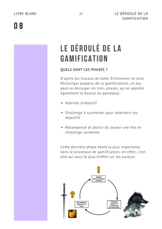 LE DÉROULÉ DE LA
GAMIFICATION
LIVRE BLANC //
LE DÉROULÉ DE LA
GAMIFICATION
D’après les travaux de Gabe Zichermann et Jane
McGonigal (experts de la gamification), un jeu
peut se découper en trois phases, qu'on appelle
également la boucle du gameplay :
Atteinte d’objectif
Challenge à surmonter pour atteindre ces
objectifs
Récompense et plaisir du joueur une fois le
challenge surmonté
Cette dernière phase étant la plus importante
dans le processus de gamification, en effet, c’est
elle qui aura le plus d’effet sur les joueurs.
0 8
QUELS SONT LES PHASES ?
 
