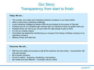Our Story:
Transparency from start to finish
Today. We are…
• The number one media and marketing solutions company in our local market
• Able to solve every marketing challenge
• Local marketing intelligence leaders AND we are backed by the power of Gannett
• Pushing now for our breakthrough moment with our clients but have not gotten there yet
• Headed where we want to go, we just need the right people to get us there
• In a bit of a chaotic culture
• Committed top leadership transitioning our company from being a holding company to an
operating company
• Making money and debt free
Tomorrow. We will…
• Still have the ability and access to sell all the solutions we have today – local position will
only get stronger
• Be a growth company
• Focus on talent – acquiring, developing, and keeping
• Be nimble and look different – innovation will be critical
 