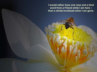 I would rather have one rose and a kind
  word from a Friend while I am here –
than a whole truckload when I am gone.
 