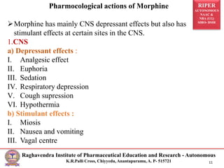 RIPER
AUTONOMOUS
NAAC &
NBA (UG)
SIRO- DSIR
Raghavendra Institute of Pharmaceutical Education and Research - Autonomous
K.R.Palli Cross, Chiyyedu, Anantapuramu, A. P- 515721 11
Pharmocological actions of Morphine
Morphine has mainly CNS depressant effects but also has
stimulant effects at certain sites in the CNS.
1.CNS
a) Depressant effects :
I. Analgesic effect
II. Euphoria
III. Sedation
IV. Respiratory depression
V. Cough supression
VI. Hypothermia
b) Stimulant effects :
I. Miosis
II. Nausea and vomiting
III. Vagal centre
 