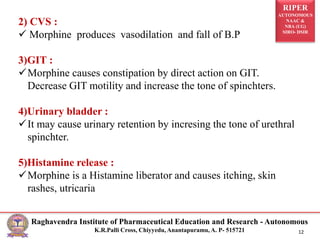 RIPER
AUTONOMOUS
NAAC &
NBA (UG)
SIRO- DSIR
Raghavendra Institute of Pharmaceutical Education and Research - Autonomous
K.R.Palli Cross, Chiyyedu, Anantapuramu, A. P- 515721 12
2) CVS :
 Morphine produces vasodilation and fall of B.P
3)GIT :
Morphine causes constipation by direct action on GIT.
Decrease GIT motility and increase the tone of spinchters.
4)Urinary bladder :
It may cause urinary retention by incresing the tone of urethral
spinchter.
5)Histamine release :
Morphine is a Histamine liberator and causes itching, skin
rashes, utricaria
 