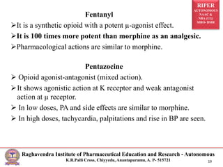 RIPER
AUTONOMOUS
NAAC &
NBA (UG)
SIRO- DSIR
Raghavendra Institute of Pharmaceutical Education and Research - Autonomous
K.R.Palli Cross, Chiyyedu, Anantapuramu, A. P- 515721 19
Fentanyl
It is a synthetic opioid with a potent µ-agonist effect.
It is 100 times more potent than morphine as an analgesic.
Pharmacological actions are similar to morphine.
Pentazocine
 Opioid agonist-antagonist (mixed action).
It shows agonistic action at K receptor and weak antagonist
action at µ receptor.
 In low doses, PA and side effects are similar to morphine.
 In high doses, tachycardia, palpitations and rise in BP are seen.
 