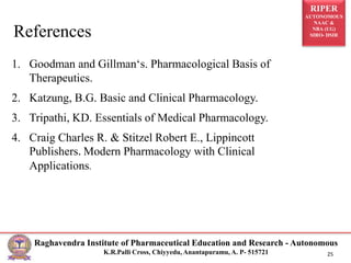 RIPER
AUTONOMOUS
NAAC &
NBA (UG)
SIRO- DSIR
Raghavendra Institute of Pharmaceutical Education and Research - Autonomous
K.R.Palli Cross, Chiyyedu, Anantapuramu, A. P- 515721 25
References
1. Goodman and Gillman‘s. Pharmacological Basis of
Therapeutics.
2. Katzung, B.G. Basic and Clinical Pharmacology.
3. Tripathi, KD. Essentials of Medical Pharmacology.
4. Craig Charles R. & Stitzel Robert E., Lippincott
Publishers. Modern Pharmacology with Clinical
Applications.
 