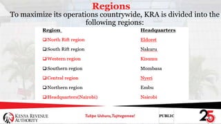 Regions
To maximize its operations countrywide, KRA is divided into the
following regions:
 