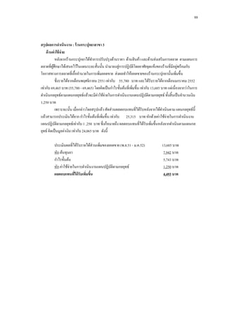 88

สรุปผลการดาเนินงาน : ร้ านกระปุกยาสาขา 3
ด้ านค่ าใช้ จ่าย
หลังจากร้านกระปุกยาได้ทาการปรับปรุ งด้านราคา ด้านสิ นค้า และด้านส่งเสริ มการตลาด ตามแผนการ
่
ตลาดที่ผศึกษาได้เสนอไว้ในแผนระยะสั้นนั้น นามาลงสู่การปฏิบติโดยอาศัยจุดแข็งของร้านที่มีอยูพร้อมกับ
ู้
ั
โอกาสทางการตลาดที่เอื้ออานวยในการเพิ่มยอดขาย ส่งผลทาให้ยอดขายของร้านกระปุกยานั้นเพิ่มขึ้น
ซึ่งรายได้จากเดือนพฤศจิกายน 2551 เท่ากับ 55,780 บาท และได้รับรายได้จากเดือนมกราคม 2552
เท่ากับ 69,465 บาท (55,780 - 69,465) โดยคิดเป็ นกาไรขั้นต้นที่เพิมขึ้น เท่ากับ 13,685 บาท แต่เนื่องจากว่าในการ
่
ดาเนินกลยุทธ์ตามแผนกลยุทธ์แล้วจะมีค่าใช้จ่ายในการดาเนินงานแผนปฏิบติตามกลยุทธ์ ทั้งสิ้นเป็ นจานวนเงิน
ั
1,250 บาท
เพราะฉะนั้น เมื่อกล่าวโดยสรุ ปแล้ว สัดส่วนผลตอบแทนที่ได้รับหลังจากได้ดาเนินตาม แผนกลยุทธ์น้ ี
แล้วสามารถประเมินได้จาก กาไรขั้นต้นที่เพิ่มขึ้น เท่ากับ 25,315 บาท หักด้วยค่าใช้จ่ายในการดาเนินงาน
แผนปฏิบติตามกลยุทธ์เท่ากับ 1 ,250 บาท ซึ่งก็หมายถึง ผลตอบแทนที่ได้รับเพิ่มขึ้นหลังจากดาเนินตามแผนกล
ั
ยุทธ์ คิดเป็ นมูลค่าเงิน เท่ากับ 24,065 บาท ดังนี้
ประเมินผลที่ได้รับรายได้ส่วนเพิ่มของยอดขาย (พ.ย.51 - ม.ค.52)
หัก ต้นทุนยา
กาไรขั้นต้น
หัก ค่าใช้จ่ายในการดาเนินงานแผนปฏิบติตามกลยุทธ์
ั
ผลตอบแทนทีได้ รับเพิมขึน
่
่ ้

13,685 บาท
7,942 บาท
5,743 บาท
1,250 บาท
4,493 บาท

 