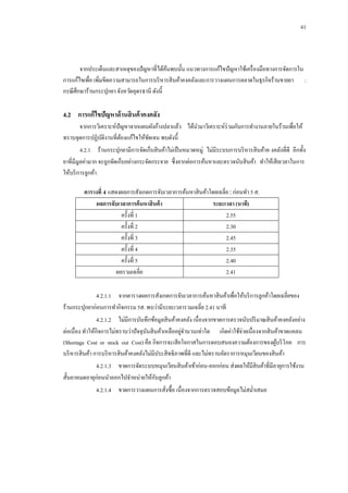 41

จากประเด็นและสาเหตุของปั ญหาที่ได้คนพบนั้น แนวทางการแก้ไขปั ญหาใช้เครื่ องมือทางการจัดการใน
้
การแก้ไขเพื่อ เพิ่มขีดความสามารถในการบริ หารสิ นค้าคงคลังและการวางแผนการตลาดในธุรกิจร้านขายยา :
กรณี ศึกษาร้านกระปุกยา จังหวัดอุดรธานี ดังนี้

4.2กกการแก้ไขปัญหาด้ านสิ นค้ าคงคลัง
จากการวิเคราะห์ปัญหาจากแผนผังก้างปลาแล้ว ได้นามาวิเคราะห์ร่วมกับการทางานภายในร้านเพื่อให้
ทราบจุดการปฏิบติงานที่ตองแก้ไขให้ชดเจน พบดังนี้
ั
้
ั
4.2.1กกร้านกระปุกยามีการจัดเก็บสิ นค้าไม่เป็ นหมวดหมู่ ไม่มีระบบการบริ หารสิ นค้าค งคลังที่ดี อีกทั้ง
ยาที่มีมูลค่ามาก จะถูกจัดเก็บอย่างกระจัดกระจาย ซึ่งยากต่อการค้นหาและตรวจนับสิ นค้า ทาให้เสี ยเวลาในการ
ให้บริ การลูกค้า
ตารางที่ 4 แสดงผลการสังเกตการจับเวลาการค้นหาสิ นค้าโดยเฉลี่ย : ก่อนทา 5 ส.
ผลการจับเวลาการค้ นหาสินค้ า
ระยะเวลา (นาที)
ครั้งที่ 1
2.55
ครั้งที่ 2
2.30
ครั้งที่ 3
2.45
ครั้งที่ 4
2.35
ครั้งที่ 5
2.40
ผลรวมเฉลี่ย
2.41
4.2.1.1กกจากตารางผลการสังเกตการจับเวลาการค้นหาสิ นค้าเพื่อให้บริ การลูกค้าโดยเฉลี่ยของ
ร้านกระปุกยาก่อนการทากิจกรรม 5ส. พบว่ามีระยะเวลารวมเฉลี่ย 2.41 นาที
4.2.1.2กกไม่มีการบันทึกข้อมูลสิ นค้าคงคลัง เนื่องจากขาดการตรวจนับปริ มาณสิ นค้าคงคลังอย่าง
่
ต่อเนื่อง ทาให้กิจการไม่ทราบว่าปั จจุบนสิ นค้าเหลืออยูจานวนเท่าใด เกิดค่าใช้จ่ายเนื่องจากสิ นค้าขาดแคลน
ั
(Shortage Cost or stock out Cost) คือ กิจการจะเสี ยโอกาสในการตอบสนองความต้องการของผูบริ โภค การ
้
บริ หารสิ นค้า การบริ หารสิ นค้าคงคลังไม่มีประสิ ทธิภาพที่ดี และไม่ทราบอัตราการหมุนเวียนของสิ นค้า
4.2.1.3กกขาดการจัดระบบหมุนเวียนสิ นค้าเข้าก่อน-ออกก่อน ส่งผลให้มีสินค้าที่มีอายุการใช้งาน
ั
สั้นยาหมดอายุก่อนนาออกไปจาหน่ายให้กบลูกค้า
4.2.1.4กกขาดการวางแผนการสังซื้อ เนื่องจากการตรวจสอบข้อมูลไม่สม่าเสมอ
่

 