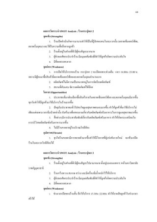64

ผลการวิเคราะห์ SWOT Analysis : ร้ านกระปุกยา 2
จุดแข็ง (Strengths)
1.กกร้านเปิ ดดาเนินกิจการมานานทาให้เป็ นที่รู้จกของคนในละแวกนั้น (ตลาดเซ็นเตอร์พอย,
ั
้
ตลาดเริ่ มอุดม) และได้รับความเชื่อถือจากลูกค้า
่
2.กกร้านตั้งอยูในทาเลที่ดี มีผคนสัญจรมากมาย
ู้
3.กกผูช่วยเภสัชกรประจาร้าน มีมนุษยสัมพันธ์ดีทาให้ลูกค้าเกิดความประทับใจ
้
4.กกมีที่จอดรถสะดวก
จุดอ่ อน (Weakness)
1.กกการเปิ ดให้บริ การของร้าน กระปุกยา 2 จะเปิ ดเฉพาะช่วงเย็น เวลา 16.00น.-23.00 น.
เพราะมีผคนมาซื้อสิ นค้าที่ตลาดเซ็นเตอร์พอยและตลาดเริ่ มอุดมจานวนมาก
ู้
้
2.กกผลิตภัณฑ์ไม่มีความเป็ นหมวดหมู่ในการจัดเรี ยงผลิตภัณฑ์
3.กกสถานที่คบแคบ จัดวางผลิตภัณฑ์ได้นอย
ั
้
โอกาส (Opportunities)
1.กกประชาชนที่มาเดินเลือกซื้อสิ นค้าภายในตลาดเซ็นเตอร์พอย และตลาดเริ่ มอุดมมีมากขึ้น
้
ทุกวันทาให้มีลูกค้ามาใช้บริ การในร้านมากขึ้น
2.กกปั จจุบนประชาชนทัวไปสนใจดูแลสุขภาพตนเองมากขึ้น ทาให้ลูกค้าที่มาใช้บริ การไม่
ั
่
เพียงแต่เฉพาะเวลาเจ็บป่ วยเท่านั้น ยังเข้ามาเพื่อสอบถามเกี่ยวกับผลิตภัณฑ์เสริ มอาหารในการดูแลสุขภาพมากขึ้น
3.กกสื่ อต่างๆมีการประชาสัมพันธ์เกี่ยวกับผลิตภัณฑ์เสริ มอาหาร ทาให้เกิดกระแสนิยมใน
การบริ โภคผลิตภัณฑ์เสริ มอาหารมากขึ้น
่
4.กกไม่มีร้านขายยาอยูในบริ เวณใกล้เคียง
อุปสรรค(Threats)
1.กกธุรกิจร้านขายยามีการขยายตัวมากขึ้นทาให้มีโอกาสที่คู่แข่งขันรายใหม่ จะเข้ามาเปิ ด
ร้านในละแวกใกล้เคียงได้
ผลการวิเคราะห์ SWOT Analysis : ร้ านกระปุกยา 3
จุดแข็ง (Strengths)
่
่
1.กกร้านตั้งอยูในทาเลที่ดี มีผคนสัญจรไปมามากมาย ตั้งอยูบนถนนทหาร หน้ามหาวิทยาลัย
ู้
ราชภัฏอุดรธานี
2.กกร้านกว้างขวาง สะอาด สว่าง และมีเครื่ องชังน้ าหนักไว้ให้บริ การ
่
3.กกผูช่วยเภสัชกรประจาร้าน มีมนุษยสัมพันธ์ดีทาให้ลูกค้าเกิดความประทับใจ
้
4.กกมีที่จอดรถสะดวก
จุดอ่ อน (Weakness)
1.กกช่วงเวลาเปิ ดของร้านสั้น คือให้บริ การ 15.30น.-22.00น. ทาให้อาจเสี ยลูกค้าในช่วงเวลา
เช้าได้

 