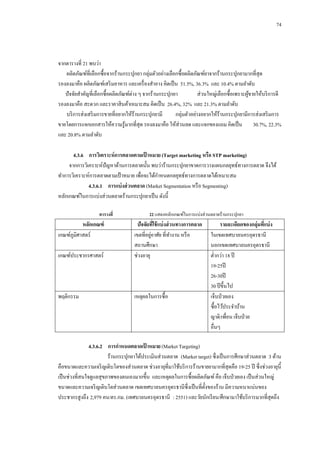 74

จากตารางที่ 21 พบว่า
ผลิตภัณฑ์ที่เลือกซื้อจากร้านกระปุกยา กลุ่มตัวอย่างเลือกซื้อผลิตภัณฑ์ยาจากร้านกระปุกยามากที่สุด
รองลงมาคือ ผลิตภัณฑ์เสริ มอาหาร และเครื่ องสาอาง คิดเป็ น 51.5%, 36.3% และ 10.4% ตามลาดับ
ปั จจัยสาคัญที่เลือกซื้อผลิตภัณฑ์ต่าง ๆ จากร้านกระปุกยา
ส่วนใหญ่เลือกซื้อเพราะผูขายให้บริ การดี
้
รองลงมาคือ สะดวก และราคาสิ นค้าเหมาะสม คิดเป็ น 26.4%, 32% และ 21.3% ตามลาดับ
บริ การส่งเสริ มการขายที่อยากให้ร้านกระปุกยามี
กลุ่มตัวอย่างอยากให้ร้านกระปุกยามีการส่งเสริ มการ
ขายโดยการแจกเอกสารให้ความรู ้มากที่สุด รองลงมาคือ ให้ส่วนลด และแจกของแถม คิดเป็ น 30.7%, 22.3%
และ 20.8% ตามลาดับ
4.3.6กกการวิเคราะห์ การตลาดตามเป้ าหมาย (Target marketing หรือ STP marketing)
จากการวิเคราะห์ปัญหาด้านการตลาดนั้น พบว่าร้านกระปุกยาขาดการวางแผนกลยุทธ์ทางการตลาด จึงได้
ทาการวิเคราะห์การตลาดตามเป้ าหมาย เพื่อจะได้กาหนดกลยุทธ์ทางการตลาดได้เหมาะสม
4.3.6.1กกการแบ่ งส่ วนตลาด (Market Segmentation หรื อ Segmenting)
หลักเกณฑ์ในการแบ่งส่วนตลาดร้านกระปุกยาเป็ น ดังนี้
ตารางที่

หลักเกณฑ์
เกณฑ์ภูมิศาสตร์

22 แสดงหลักเกณฑ์ในการแบ่งส่ วนตลาดร้านกระปุกยา

เกณฑ์ประชากรศาสตร์

ปัจจัยทีใช้ แบ่ งส่ วนทางการตลาด
่
่
เขตที่อยูอาศัย ที่ทางาน หรื อ
สถานศึกษา
ช่วงอายุ

พฤติกรรม

เหตุผลในการซื้อ

รายละเอียดของกลุ่มทีแบ่ ง
่
ในเขตเทศบาลนครอุดรธานี
นอกเขตเทศบาลนครอุดรธานี
ต่ากว่า 18 ปี
19-25ปี
26-30ปี
30 ปี ขึ้นไป
เจ็บป่ วยเอง
ซื้อไว้ประจาบ้าน
ญาติ/เพื่อน เจ็บป่ วย
อื่นๆ

4.3.6.2กกการกาหนดตลาดเป้ าหมาย (Market Targeting)
ร้านกระปุกยาได้ประเมินส่วนตลาด (Market target) ซึ่งเป็ นการศึกษาส่วนตลาด 3 ด้าน
คือขนาดและความเจริ ญเติบโตของส่วนตลาด ช่วงอายุที่มาใช้บริ การร้านขายยามากที่สุดคือ 19-25 ปี ซึ่งช่วงอายุน้ ี
เป็ นช่วงที่สนใจดูแลสุขภาพของตนเองมากขึ้น และเหตุผลในการซื้อผลิตภัณฑ์ คือ เจ็บป่ วยเอง เป็ นส่วนใหญ่
ขนาดและความเจริ ญเติบโตส่วนตลาด เขตเทศบาลนครอุดรธานีซ่ ึงเป็ นที่ต้ งของร้าน มีความหนาแน่นของ
ั
ประชากรสูงถึง 2,979 คน/ตร.กม. (เทศบาลนครอุดรธานี : 2551) และวัยนักเรี ยน/ศึกษามาใช้บริ การมากที่สุดถึง

 