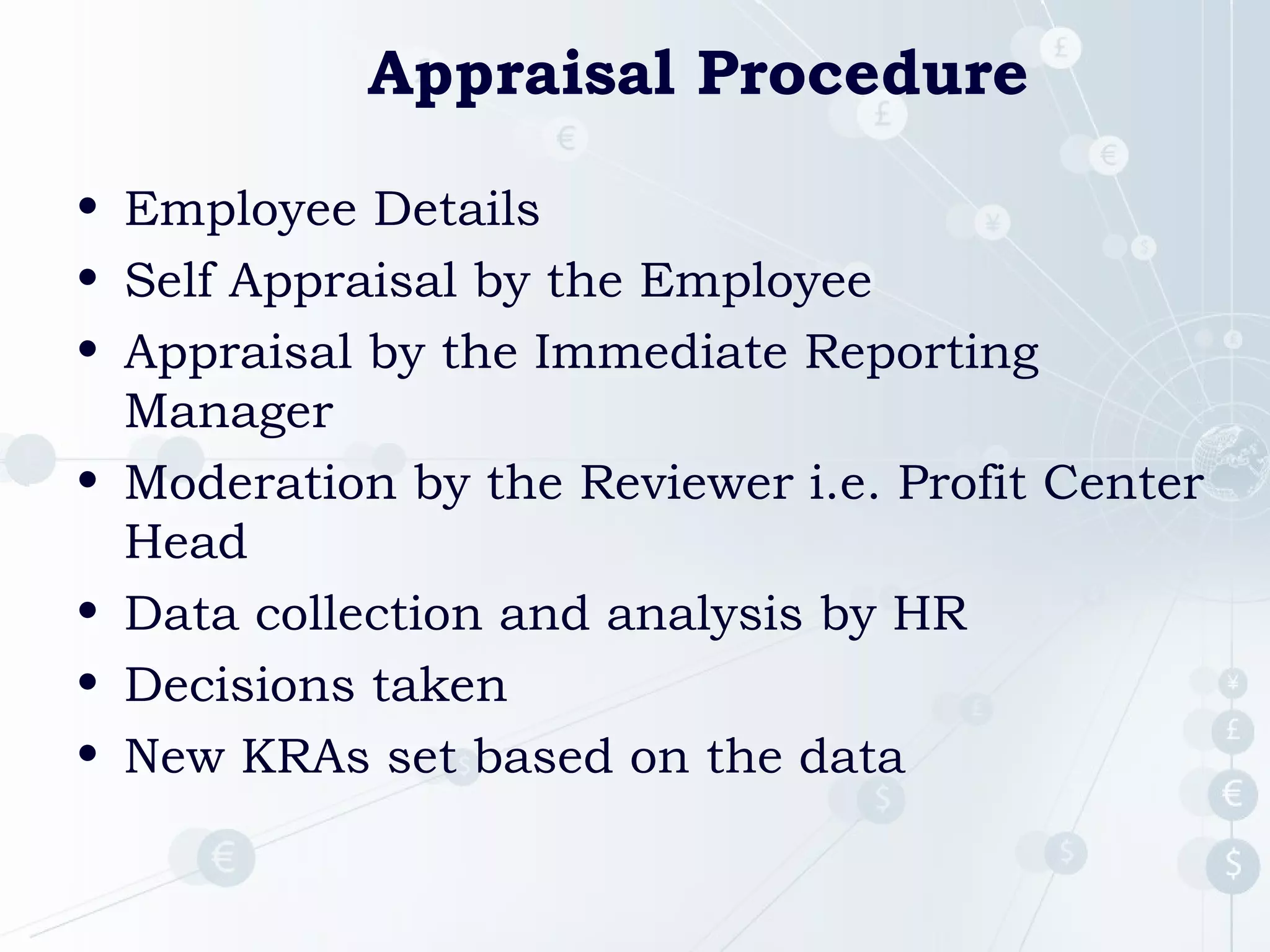 Appraisal Procedure
• Employee Details
• Self Appraisal by the Employee
• Appraisal by the Immediate Reporting
Manager
• Moderation by the Reviewer i.e. Profit Center
Head
• Data collection and analysis by HR
• Decisions taken
• New KRAs set based on the data

 