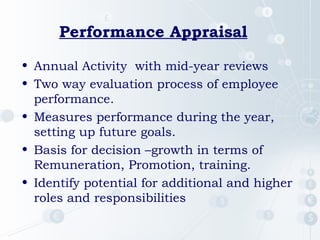 Performance Appraisal
• Annual Activity with mid-year reviews
• Two way evaluation process of employee
performance.
• Measures performance during the year,
setting up future goals.
• Basis for decision –growth in terms of
Remuneration, Promotion, training.
• Identify potential for additional and higher
roles and responsibilities

 