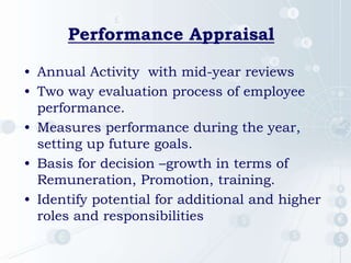 Performance Appraisal
• Annual Activity with mid-year reviews
• Two way evaluation process of employee
performance.
• Measures performance during the year,
setting up future goals.
• Basis for decision –growth in terms of
Remuneration, Promotion, training.
• Identify potential for additional and higher
roles and responsibilities
 