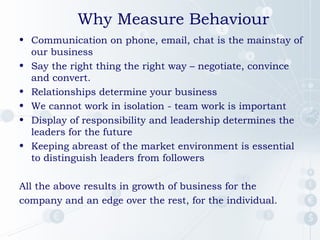 Why Measure Behaviour
• Communication on phone, email, chat is the mainstay of
our business
• Say the right thing the right way – negotiate, convince
and convert.
• Relationships determine your business
• We cannot work in isolation - team work is important
• Display of responsibility and leadership determines the
leaders for the future
• Keeping abreast of the market environment is essential
to distinguish leaders from followers
All the above results in growth of business for the
company and an edge over the rest, for the individual.
 