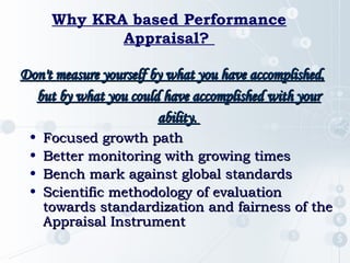 Why KRA based Performance
Appraisal?
Don't measure yourself by what you have accomplished,
Don't measure yourself by what you have accomplished,
but by what you could have accomplished with your
but by what you could have accomplished with your
ability.
ability.
• Focused growth path
Focused growth path
• Better monitoring with growing times
Better monitoring with growing times
• Bench mark against global standards
Bench mark against global standards
• Scientific methodology of evaluation
Scientific methodology of evaluation
towards standardization and fairness of the
towards standardization and fairness of the
Appraisal Instrument
Appraisal Instrument
 