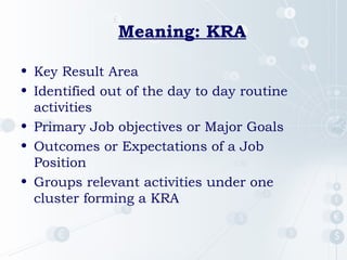 Meaning: KRA
• Key Result Area
• Identified out of the day to day routine
activities
• Primary Job objectives or Major Goals
• Outcomes or Expectations of a Job
Position
• Groups relevant activities under one
cluster forming a KRA
 