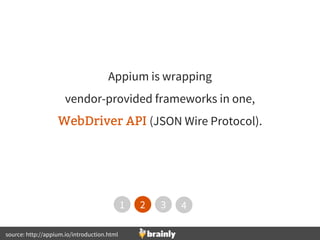Appium is wrapping
vendor-provided frameworks in one,
WebDriver API (JSON Wire Protocol).
3
2 3 41
source: http://appium.i...
