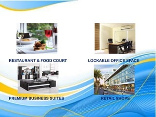RESTAURANT & FOOD COURT
PREMIUM BUSINESS SUITES
LOCKABLE OFFICE SPACE
RETAIL SHOPS
 