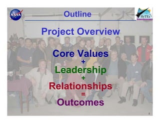 Outline

Project Overview

  Core Values
        +
  Leadership
        +
 Relationships
        =
   Outcomes
                   2
 