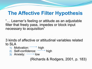 The Affective Filter Hypothesis
“… Learner‟s feeling or attitude as an adjustable
filter that freely pass, impedes or block input
necessary to acquisition”
3 kinds of affective or attitudinal variables related
to SLA
1) Motivation: high
2) Self-confidence: high
3) Anxiety: low
(Richards & Rodgers, 2001, p. 183)
 