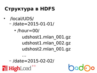 Структура в HDFS
• /local/UDS/
– /date=2015-01-01/
●
/hour=00/
udshost1.mlan_001.gz
udshost1.mlan_002.gz
udshost2.mlan_001.gz
…
– /date=2015-02-02/
 