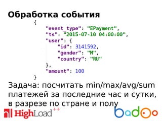 Обработка события
Задача: посчитать min/max/avg/sum
платежей за последние час и сутки,
в разрезе по стране и полу
 