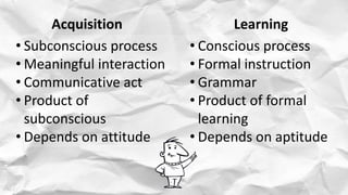 Acquisition Learning
• Subconscious process
• Meaningful interaction
• Communicative act
• Product of
subconscious
• Depends on attitude
• Conscious process
• Formal instruction
• Grammar
• Product of formal
learning
• Depends on aptitude
 