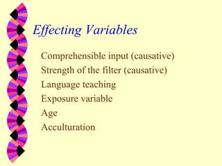 Effecting Variables
Comprehensible input (causative)
Strength of the filter (causative)
Language teaching
Exposure variable
Age
Acculturation
 