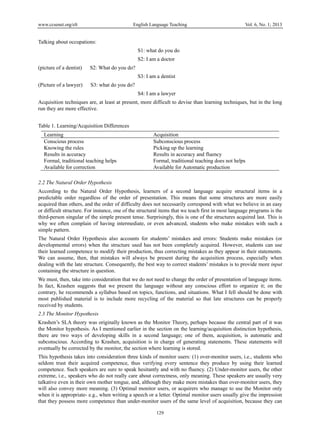 www.ccsenet.org/elt English Language Teaching Vol. 6, No. 1; 2013 
129 
Talking about occupations: 
S1: what do you do 
S2: I am a doctor 
(picture of a dentist) S2: What do you do? 
S3: I am a dentist 
(Picture of a lawyer) S3: what do you do? 
S4: I am a lawyer 
Acquisition techniques are, at least at present, more difficult to devise than learning techniques, but in the long 
run they are more effective. 
Table 1. Learning/Acquisition Differences 
Learning Acquisition 
Conscious process Subconscious process 
Knowing the rules Picking up the learning 
Results in accuracy Results in accuracy and fluency 
Formal, traditional teaching helps Formal, traditional teaching does not helps 
Available for correction Available for Automatic production 
2.2 The Natural Order Hypothesis 
According to the Natural Order Hypothesis, learners of a second language acquire structural items in a 
predictable order regardless of the order of presentation. This means that some structures are more easily 
acquired than others, and the order of difficulty does not necessarily correspond with what we believe in an easy 
or difficult structure. For instance, one of the structural items that we teach first in most language programs is the 
third-person singular of the simple present tense. Surprisingly, this is one of the structures acquired last. This is 
why we often complain of having intermediate, or even advanced, students who make mistakes with such a 
simple pattern. 
The Natural Order Hypothesis also accounts for students’ mistakes and errors: Students make mistakes (or 
developmental errors) when the structure used has not been completely acquired. However, students can use 
their learned competence to modify their production, thus correcting mistakes as they appear in their statements. 
We can assume, then, that mistakes will always be present during the acquisition process, especially when 
dealing with the late structure. Consequently, the best way to correct students’ mistakes is to provide more input 
containing the structure in question. 
We must, then, take into consideration that we do not need to change the order of presentation of language items. 
In fact, Krashen suggests that we present the language without any conscious effort to organize it; on the 
contrary, he recommends a syllabus based on topics, functions, and situations. What I fell should be done with 
most published material is to include more recycling of the material so that late structures can be properly 
received by students. 
2.3 The Monitor Hypothesis 
Krashen’s SLA theory was originally known as the Monitor Theory, perhaps because the central part of it was 
the Monitor hypothesis. As I mentioned earlier in the section on the learning/acquisition distinction hypothesis, 
there are two ways of developing skills in a second language; one of them, acquisition, is automatic and 
subconscious. According to Krashen, acquisition is in charge of generating statements. These statements will 
eventually be corrected by the monitor, the section where learning is stored. 
This hypothesis takes into consideration three kinds of monitor users: (1) over-monitor users, i.e., students who 
seldom trust their acquired competence, thus verifying every sentence they produce by using their learned 
competence. Such speakers are sure to speak hesitantly and with no fluency. (2) Under-monitor users, the other 
extreme, i.e., speakers who do not really care about correctness, only meaning. These speakers are usually very 
talkative even in their own mother tongue, and, although they make more mistakes than over-monitor users, they 
will also convey more meaning. (3) Optimal monitor users, or acquirers who manage to use the Monitor only 
when it is appropriate- e.g., when writing a speech or a letter. Optimal monitor users usually give the impression 
that they possess more competence than under-monitor users of the same level of acquisition, because they can 
 