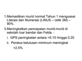 Memastikan murid normal Tahun 1 menguasai Literasi dan Numerasi (LINUS C celik 3M) C 90% 3. Meningkatkan pencapaian murid-murid di sekolah luar bandar dan Felda  : i.  GPS peningkatan antara >0.15 hingga 0.20 ii.  Peratus kelulusan minimum meningkat  >2.5% 