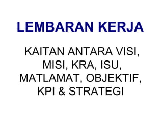 LEMBARAN KERJA KAITAN ANTARA VISI, MISI, KRA, ISU, MATLAMAT, OBJEKTIF,  KPI & STRATEGI  
