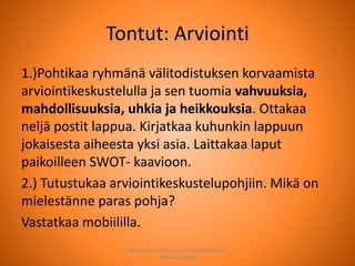 Tontut: Arviointi
1.)Pohtikaa ryhmänä välitodistuksen korvaamista
arviointikeskustelulla ja sen tuomia vahvuuksia,
mahdollisuuksia, uhkia ja heikkouksia. Ottakaa
neljä postit lappua. Kirjatkaa kuhunkin lappuun
jokaisesta aiheesta yksi asia. Laittakaa laput
paikoilleen SWOT- kaavioon.
2.) Tutustukaa arviointikeskustelupohjiin. Mikä on
mielestänne paras pohja?
Vastatkaa mobiililla.
Joensuun seudun ops-koordinaattori Satu
Huttunen 2015
 
