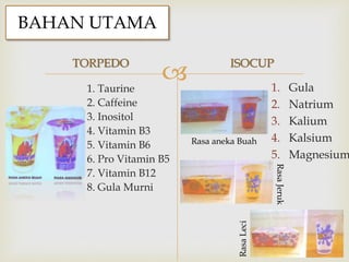 
BAHAN UTAMA
TORPEDO
1. Taurine
2. Caffeine
3. Inositol
4. Vitamin B3
5. Vitamin B6
6. Pro Vitamin B5
7. Vitamin B12
8. Gula Murni
ISOCUP
1. Gula
2. Natrium
3. Kalium
4. Kalsium
5. Magnesium
Rasa aneka Buah
RasaJeruk
RasaLeci
 