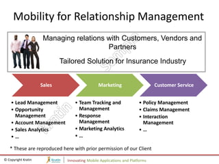 Mobility for Relationship Management
                      Managing relations with Customers, Vendors and
                                         Partners
                             Tailored Solution for Insurance Industry


                     Sales                      Marketing                     Customer Service


    • Lead Management              • Team Tracking and                • Policy Management
    • Opportunity                    Management                       • Claims Management
      Management                   • Response                         • Interaction
    • Account Management             Management                         Management
    • Sales Analytics              • Marketing Analytics              •…
    •…                             •…

   * These are reproduced here with prior permission of our Client
© Copyright Kratin             Innovating Mobile Applications and Platforms
 