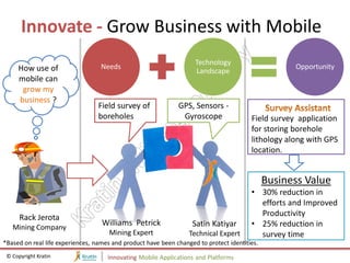 Innovate - Grow Business with Mobile
                                                                    Technology
     How use of                   Needs                                                             Opportunity
                                                                    Landscape
     mobile can
      grow my
     business ?
                                  Field survey of             GPS, Sensors -
                                  boreholes                    Gyroscope                Field survey application
                                                                                        for storing borehole
                                                                                        lithology along with GPS
                                                                                        location.


                                                                                              Business Value
                                                                                        • 30% reduction in
                                                                                          efforts and Improved
      Rack Jerota                                                                         Productivity
   Mining Company
                                   Williams Petrick                Satin Katiyar        • 25% reduction in
                                     Mining Expert                Technical Expert        survey time
*Based on real life experiences, names and product have been changed to protect identities.
 © Copyright Kratin                  Innovating Mobile Applications and Platforms
 