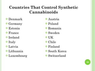 Countries That Control Synthetic
             Cannabinoids
 Denmark            Austria
 Germany            Poland

 Estonia            Romania

 France             Sweden

 Ireland            UK

 Italy              Chile

 Latvia             Finland

 Lithuania          South Korea

 Luxembourg         Switzerland

                                       29
 