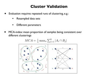 Cluster Validation
•   Evaluation requires repeated runs of clustering, e.g.:
       •   Resampled data sets

       •   Different parameters

•   MCA-index: mean proportion of samples being consistent over
    different clusterings
                                         k
                  M CA =     1
                             n   maxπ    i=1   |Ai ∩ Bj |
 
